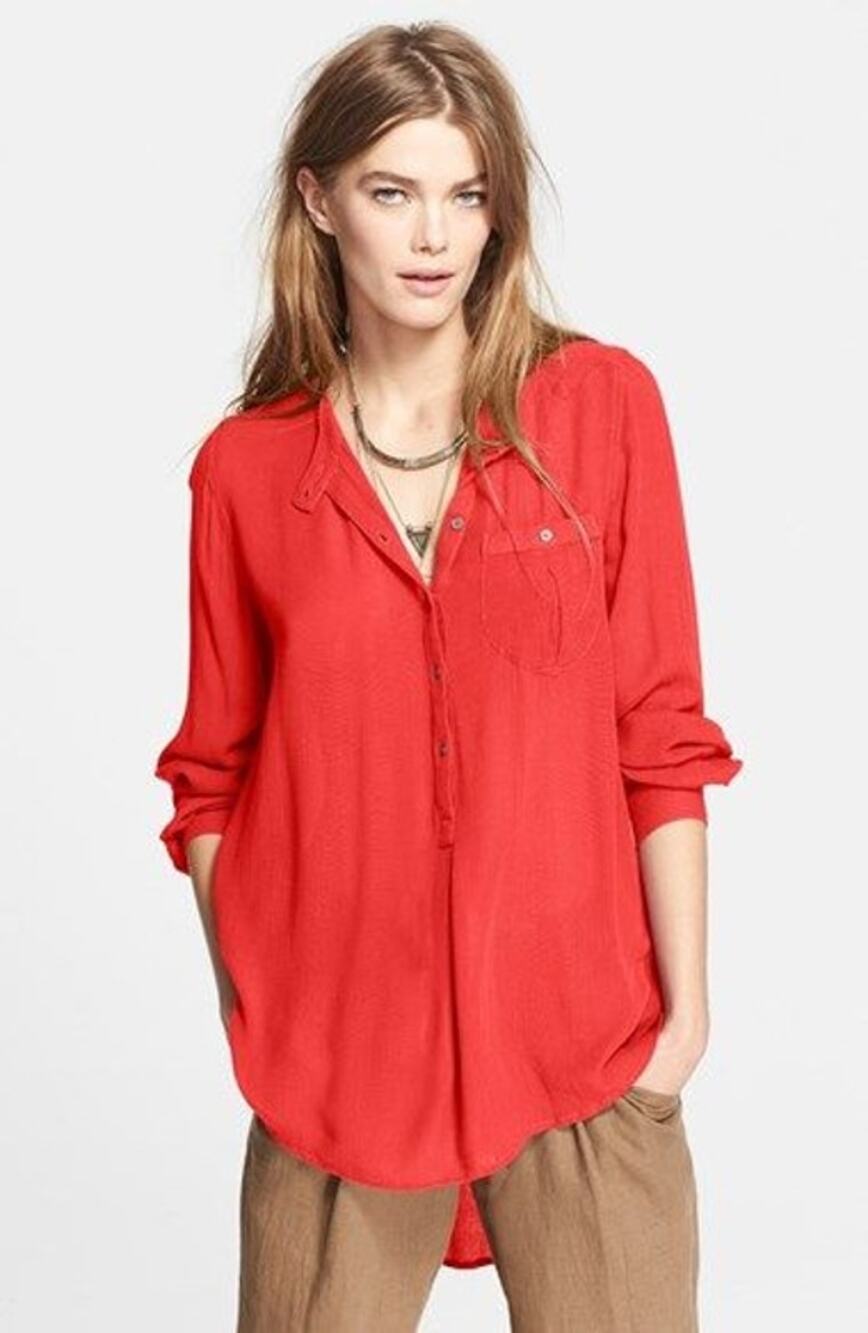 Free People Boyfriend Button Down Gauzy Shirt Red Oversized Rayon Women XS - Picture 1 of 10
